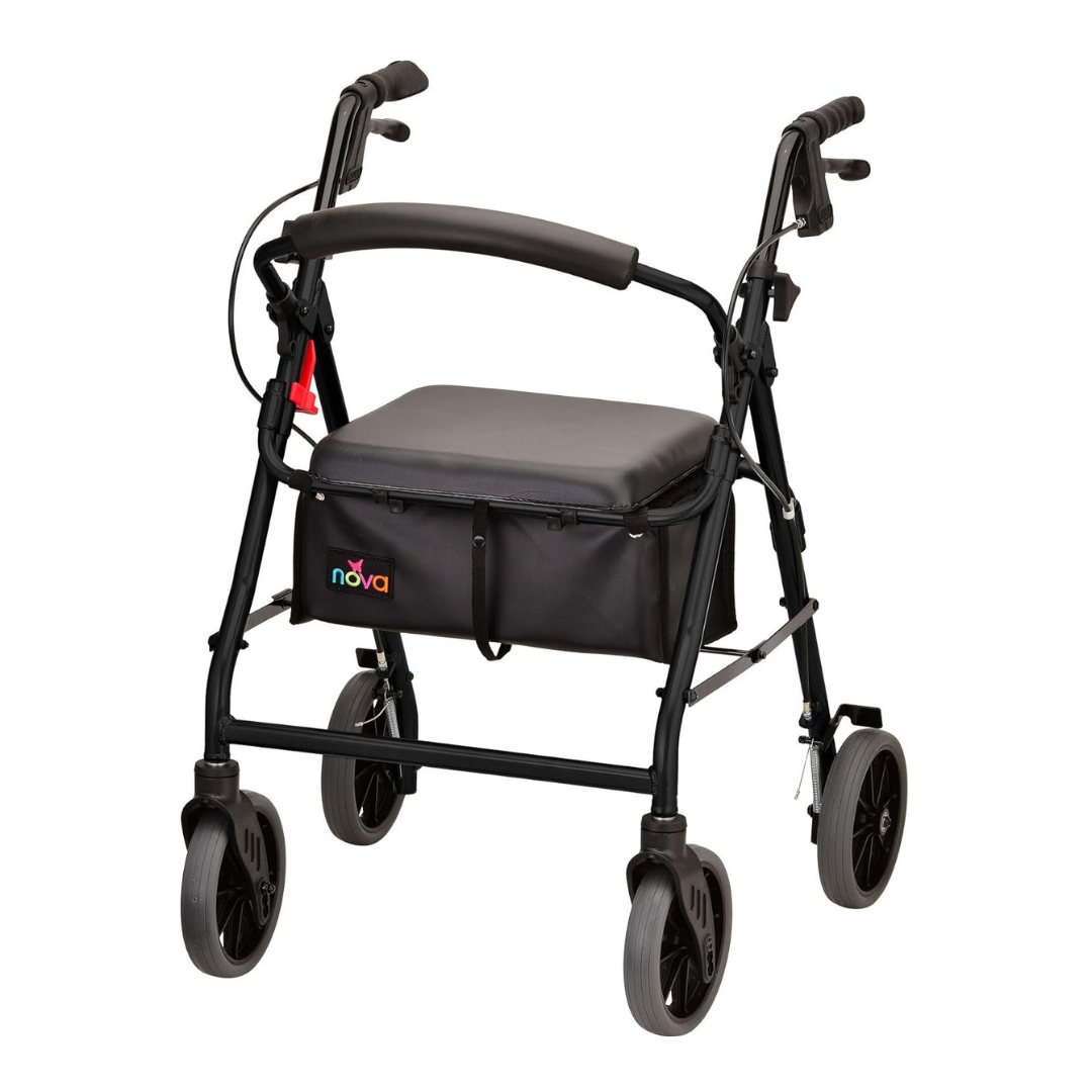 The Nova Medical Zoom Rollator Rolling Walker features four wheels, hand brakes, a padded seat with adjustable heights, and a storage pouch displaying the Nova brand logo. It’s designed for mobility assistance and comes in four size options.